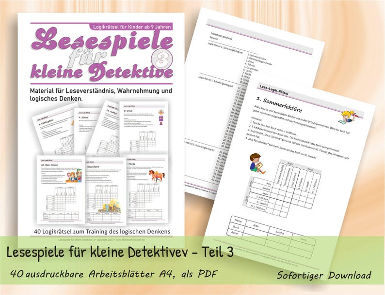 May include: A collection of educational activity sheets titled Lesespiele f&uuml;r kleine Detektive 3, featuring logic puzzles for children. The white pages include text, grid charts, and small colorful illustrations of children reading and animals.