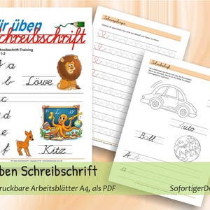 Puede incluir: Hojas de trabajo educativas para aprender caligrafía cursiva, con el título Wir üben Schreibschrift, líneas de práctica del alfabeto e ilustraciones de un león, un pulpo y un cervatillo, junto a páginas con un coche y una pelota.