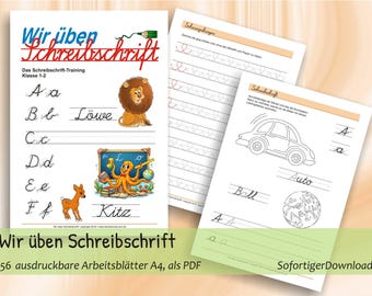 Übungsblätter zum Schreiben in Schreibschrift für die 1.–2. Klasse der Grundschule | 56 ausdruckbare Arbeitsblätter im A4-Format als PDF