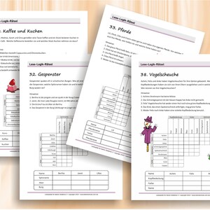 May include: Four white paper sheets featuring German logic puzzles titled Lese-Logik-R&auml;tsel. The pages include numbered tasks like Kaffee und Kuchen, Gespenster, Pferde, and Vogelscheuche, complete with text clues, empty grid charts for tracking answers, and small colorful illustrations.