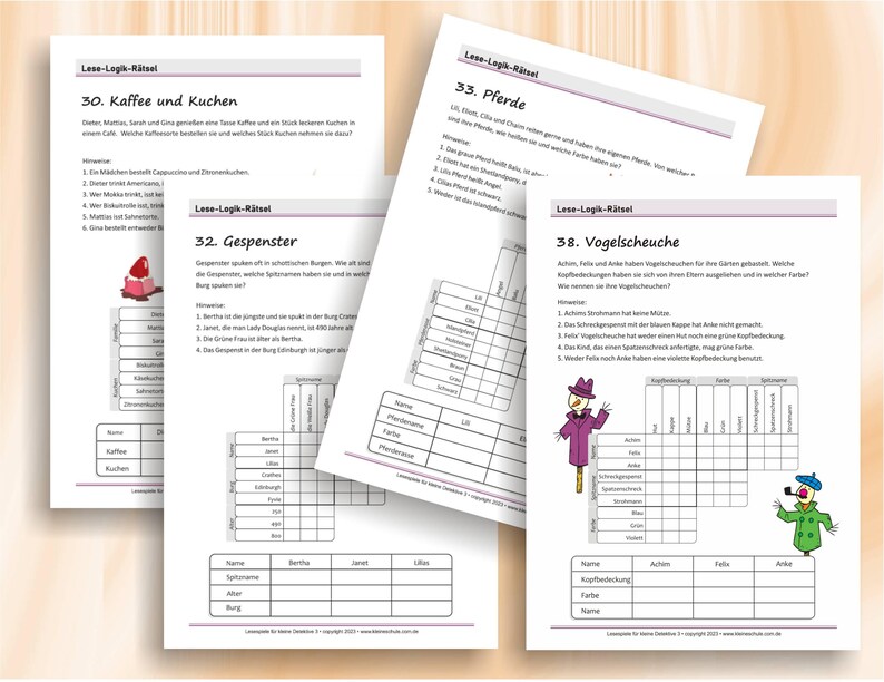May include: Four white paper sheets featuring German logic puzzles titled Lese-Logik-R&auml;tsel. The pages include numbered tasks like Kaffee und Kuchen, Gespenster, Pferde, and Vogelscheuche, complete with text clues, empty grid charts for tracking answers, and small colorful illustrations.