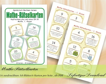 Mathe-Rätselkarten – spielerisch Rechnen lernen – 90 Karten | Kopfrechnen ZR 20, Mathe, 1. Klasse | 15 ausdruckbare A4-Blätter, als PDF