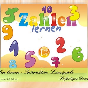 Pode incluir: Uma imagem educativa colorida com o texto alemão "Zahlen lernen" (Aprender números). A imagem apresenta os números de 1 a 10 em várias cores, com texto adicional que indica jogos de aprendizagem interativos para crianças de 3 a 6 anos.