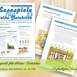 Könnte beinhalten: Ein buntes, druckbares Arbeitsblatt für Kinder mit einer Katze und einer Uhr. Das Arbeitsblatt trägt den Titel "Lesespiele für kleine Detektive" und enthält den Text "Logikrätsel für Kinder ab 7 Jahren".