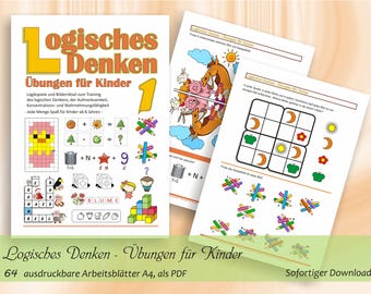 Puede incluir: Una colección de hojas de ejercicios educativos titulada Logisches Denken Übungen für Kinder 1, que incluye acertijos lógicos, cuadrículas tipo Sudoku, juegos de palabras e ilustraciones coloridas de animales, plantas y formas geométricas.