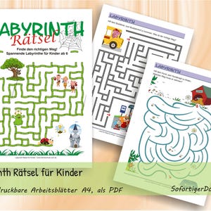 May include: A collection of printable maze puzzle activity sheets for children, featuring three distinct pages with colourful illustrations including a green hedge maze, a bus route puzzle, and a dog house path, all labelled with the title LABYRINTH Rätsel.