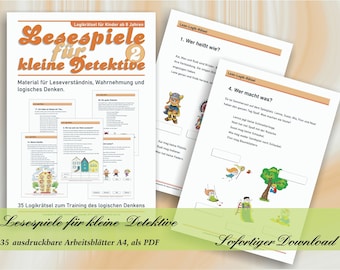 Lesespiele für kleine Detektive 2 - Logikrätsel zum Training des logischen Denkens | 35 ausdruckbare Arbeitsblätter mit Lösungen A4, als PDF