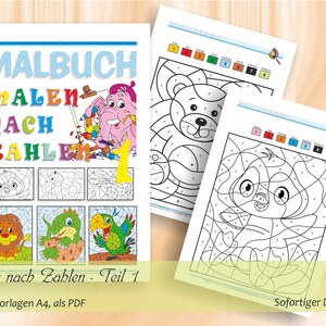 Könnte beinhalten: Ein bunter Malbuchumschlag mit dem Titel "Malbuch Malen Nach Zahlen 1" und dem Text "Malen nach Zahlen - Teil 1 30 Malvorlagen A4, als PDF Sofortiger Download". Der Umschlag zeigt einen Comic-Elefanten, der einen Pinsel und eine Farbpalette hält.