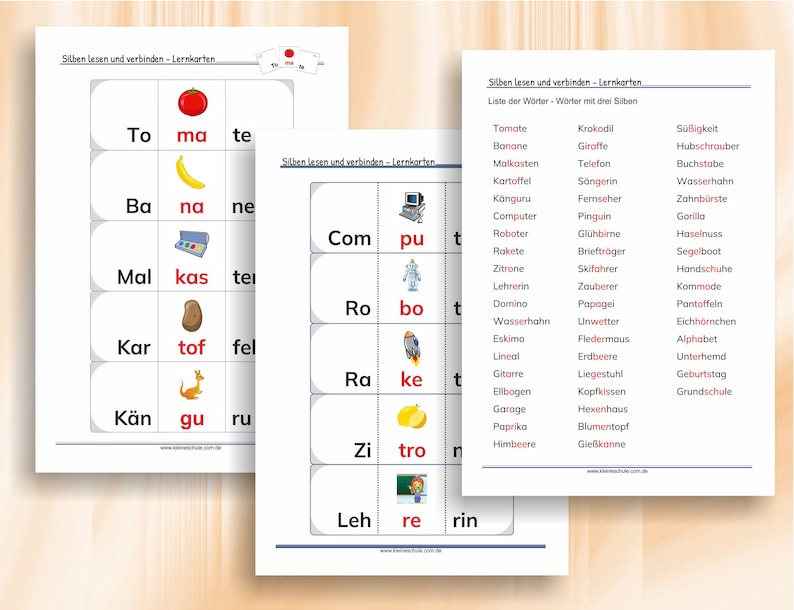 Silben lesen und verbinden Bild und Wortkarten zum Erstlesen 57 ausdruckbare Seiten A4 / 200200 Kärtchen, als PDF Bild 3