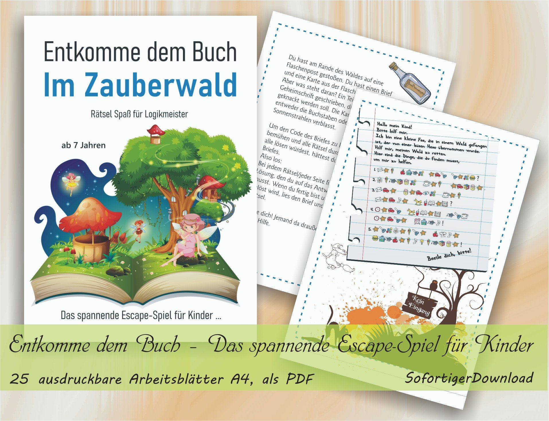 Entkomme dem Buch – Im Zauberwald – Das spannende Escape-Spiel für Kinder ... | 25 ausdruckbare Arbeitsblätter mit Lösungen A4, als PDF