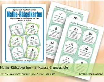 Peut inclure: Un ensemble de cartes de jeux mathématiques imprimables pour les élèves de deuxième année, comprenant 96 cartes avec des problèmes arithmétiques en allemand. Les cartes sont présentées sur des feuilles A4 avec des bordures vert clair.