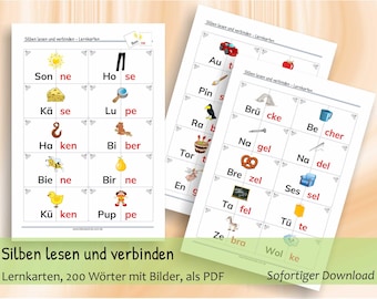 May include: Educational flashcards for reading and connecting syllables, featuring German words like Sonne, Hose, and Käse alongside colorful illustrations. These printable sheets include various nouns paired with images to assist in language learning.