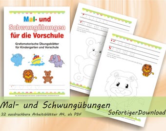 Mal- und Schwungübungen – Vorübungen zum Schreiben für Kindergarten und Vorschule | 32 ausdruckbare Arbeitsblätter A4 als PDF