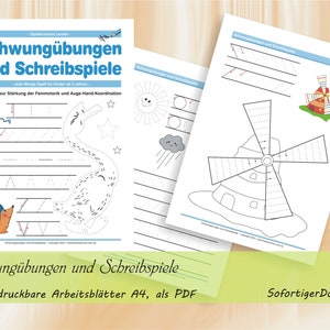 Schwungübungen und Schreibspiele für Kinder ab 5 Jahren Spielerische Vorübungen zum Schreiben 50 ausdruckbare Arbeitsblätter A4, als PDF image 1