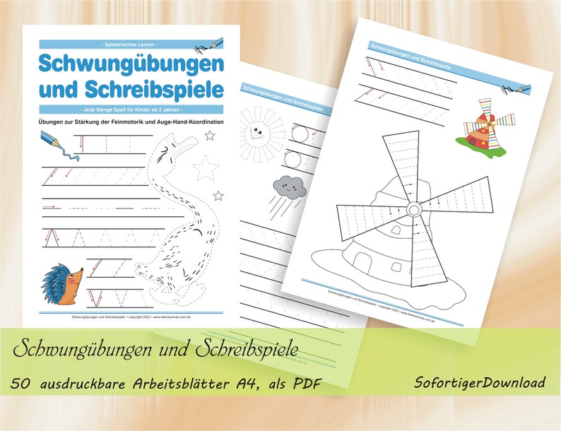 Schwungübungen und Schreibspiele für Kinder ab 5 Jahren Spielerische Vorübungen zum Schreiben 50 ausdruckbare Arbeitsblätter A4, als PDF image 1
