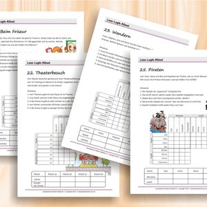 May include: Four white sheets of paper featuring German logic puzzles titled Lese-Logik-R&auml;tsel. Each page contains numbered exercises like 20. Beim Friseur, 22. Theaterbesuch, 23. Wandern, and 25. Piraten, including text, grids, and small colorful illustrations.