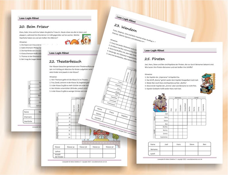 May include: Four white sheets of paper featuring German logic puzzles titled Lese-Logik-R&auml;tsel. Each page contains numbered exercises like 20. Beim Friseur, 22. Theaterbesuch, 23. Wandern, and 25. Piraten, including text, grids, and small colorful illustrations.