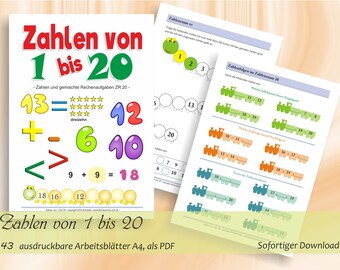 Einfaches Addieren und Subtrahieren im Zahlenraum bis 20 - Kopiervorlagen mit Lösungen | 43 ausdruckbare Arbeitsblätter A4, als PDF