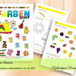 以下が含まれることがあります： ドイツ語で色を学ぶための45枚の印刷可能なワークシートのセット。ワークシートには、ボート、太陽、ギター、テディベア、蝶、キツネなど、カラフルなオブジェクトのイラストが描かれています。ワークシートには、塗り絵、なぞり書き、マッチングなどのアクティビティも含まれています。