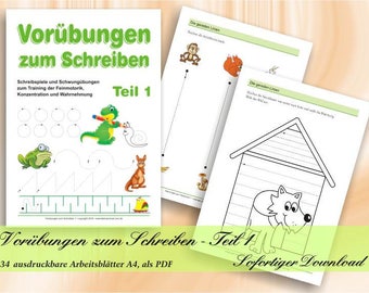 Vorübungen zum Schreiben - Teil 1 | Schreibspiele und Schwungübungen | 34 ausdruckbare Arbeitsblätter A4, als PDF