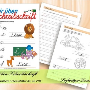 May include: A colourful worksheet with the words "Wir üben Schreibschrift" and "Das Schreibschrift-Training Klasse 1-2" at the top. The worksheet features a variety of letters of the alphabet, including A, B, C, D, E, and F, along with illustrations of a lion, an octopus, a deer, and a kitten. The worksheet is designed to help children learn cursive writing.