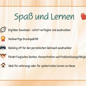 May include: A rectangular informational graphic with a light orange background and a dark orange border. The text reads "Spa&szlig; und Lernen" with a red heart icon. It includes five bullet points with icons: a clock, a medal, a printer, a child, and a house.