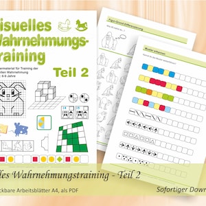 May include: A set of printable worksheets for visual perception training. The worksheets feature a variety of activities, including finding hidden objects, completing patterns, and identifying differences between images. The title of the set is "Visuelles Wahrnehmungstraining - Teil 2" and the text "44 ausdruckbare Arbeitsblätter A4, als PDF" is also visible.