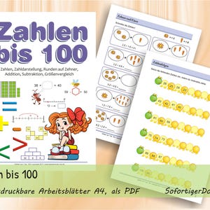 Könnte beinhalten: Mathematik-Arbeitsblätter mit dem Titel Zahlen bis 100, die Rechenaufgaben, Zahlenstrahlen sowie Illustrationen einer Zeichentrickfigur, Insekten und nummerierte Raupen zur Übung von Addition, Subtraktion und Runden enthalten.
