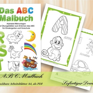 Könnte beinhalten: Ein buntes, druckbares Malbuch für Kinder mit Alphabet, Tieren und Gegenständen. Das Buch trägt den Titel "Das ABC Malbuch" und umfasst 57 druckbare Seiten. Das Cover zeigt ein grünes, rotes und gelbes Alphabet mit einem Schaf, einer Kuh und einem Schwein.