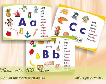 Meine ersten 400 Wörter - Bild- und Wortkarten zum Erstlesen und Leseverständnis  | 21 ausdruckbare Seiten A4 / 42 Wortkarten, als PDF