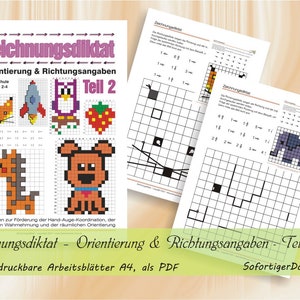 Zeichnungsdiktat - Orientierung & Richtungsangaben - Teil 2  | 40 ausdruckbare Seiten A4 / 40 Vorlagen, als PDF