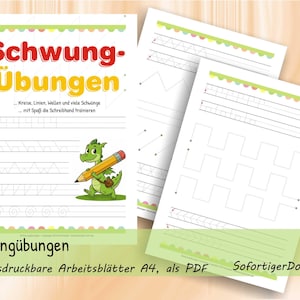 Könnte beinhalten: Ein Set aus ausdruckbaren Lernarbeitsblättern mit dem Titel Schwung-Übungen, die Übungen zum Nachspuren von Linien, Wellen und Kreisen enthalten. Ein grüner Zeichentrickdrache mit einem gelben Bleistift ist auf der Hauptseite abgebildet.