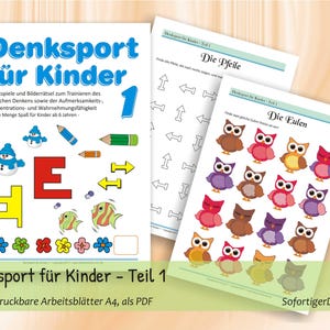 Könnte beinhalten: Eine Sammlung ausdruckbarer Arbeitsblätter mit dem Titel Denksport für Kinder 1, die Logikrätsel sowie bunte Illustrationen von Schneemännern, Stiften, Pfeilen, Fischen, Blumen und ein Raster mit verschiedenen Eulen für Kinder enthalten.