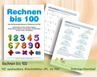Rechnen bis 100 – Matheübungen für die 2. Klasse | 40 Arbeitsblätter mit Lösungen | Addition, Subtraktion, Multiplikation & Division | PDF