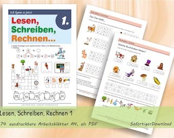 May include: Three educational worksheets titled Ich kann es jetzt Lesen, Schreiben, Rechnen 1. The pages feature math problems, word puzzles, and animal illustrations. The content includes addition exercises, a crossword grid, and letter-filling tasks.