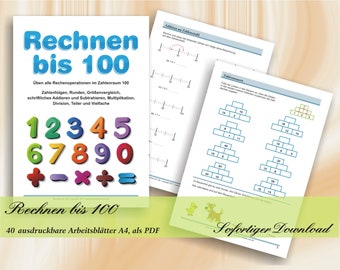 Rechnen bis 100 - Übungen zum Ergänzen bis 100 - Kopiervorlagen mit Lösungen | 40 ausdruckbare Arbeitsblätter A4, als PDF