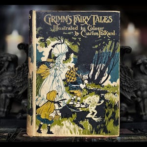 1916 GRIMM&#39;S FAIRY TALES Book Cinderella Antique Magic Grimms Gift Brothers Grimm Fairies  Victorian Art Artwork Witch German Mythology