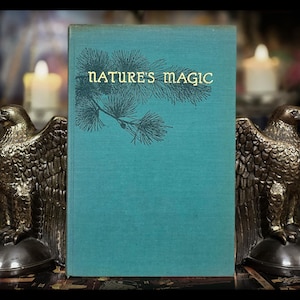 以下が含まれることがあります： 金色の文字と松の枝のイラストが描かれた、"Nature's Magic"というタイトルのターコイズ色の本。 本は2つのブロンズイーグルブックエンドに挟まれ、背景にはろうそくが灯され、ヴィンテージな雰囲気を醸し出しています。