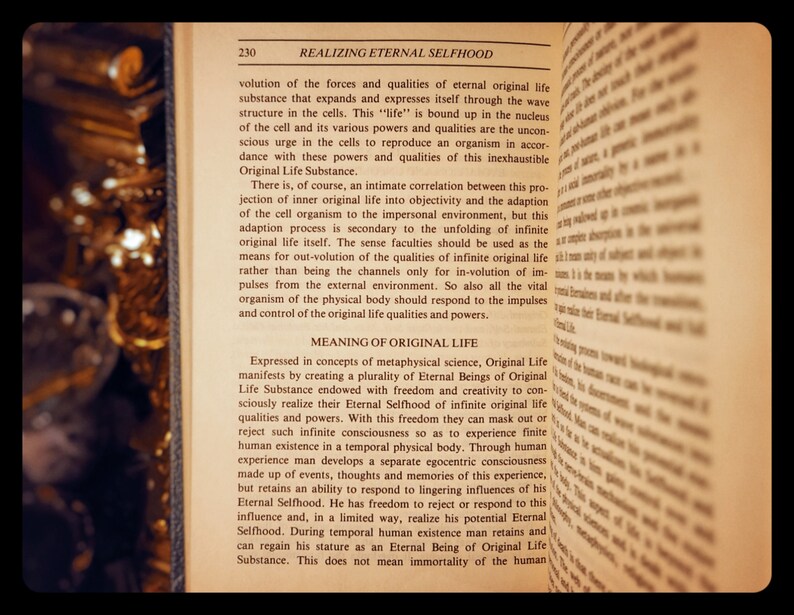 Puede incluir: Un primer plano de una p&aacute;gina de libro con el t&iacute;tulo "Realizando la Autoconciencia Eterna" y una secci&oacute;n titulada "Significado de la Vida Original". El texto trata sobre los conceptos de ciencia metaf&iacute;sica, sustancia de vida original y seres eternos.
