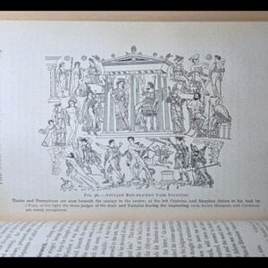 May include: Black and white line drawing of a Greek vase painting depicting a scene from Greek mythology. The image shows figures in various poses, including a woman holding a torch, a man with a sword, and a group of people gathered around a temple. The text "Fig. 36. - An Attican Red-figured Vase Painting" is printed below the image.