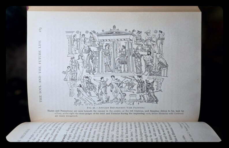 May include: Black and white line drawing of a Greek vase painting depicting a scene from Greek mythology. The image shows figures in various poses, including a woman holding a torch, a man with a sword, and a group of people gathered around a temple. The text "Fig. 36. - An Attican Red-figured Vase Painting" is printed below the image.