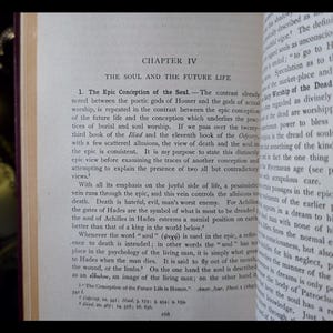 May include: A close-up of a book page with the title "The Soul and the Future Life" and text discussing the epic conception of the soul in ancient Greek literature. The text highlights the contrast between the poetic gods of Homer and the gods of actual worship, and the different views of death and the afterlife.