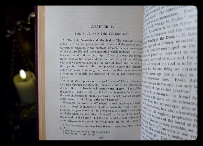 May include: A close-up of a book page with the title "The Soul and the Future Life" and text discussing the epic conception of the soul in ancient Greek literature. The text highlights the contrast between the poetic gods of Homer and the gods of actual worship, and the different views of death and the afterlife.