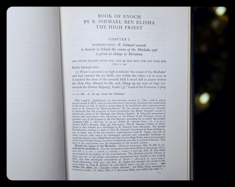 May include: An open book displaying text from "Book of Enoch" by R. Ishmael Ben Elisha, The High Priest. The page shows Chapter 1, with text about R. Ishmael's ascent to heaven and the vision of the Merkaba.