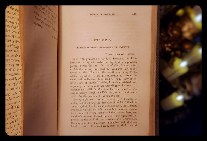 May include: A page from a book titled "Israel in Bondage" with the text "Letter VI. Remeses in Egypt to Sesostris in Phoenicia." The text describes the author's journey by sea to Egypt.