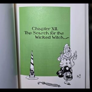 Puede incluir: Ilustraci&oacute;n de libro con el texto "Cap&iacute;tulo XII. La b&uacute;squeda de la bruja malvada." Un personaje de dibujos animados con sombrero y varita est&aacute; junto a un sombrero a rayas. Fondo verde.