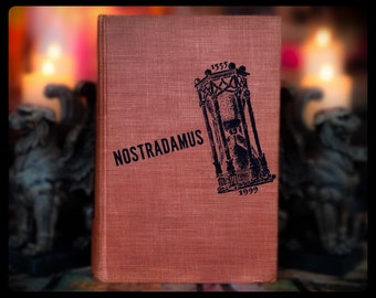 May include: A vintage book with a textured, reddish-brown cover. The title "NOSTRADAMUS" is printed in black, along with a black illustration of an hourglass and the dates 1555 and 1999. The book is standing upright.