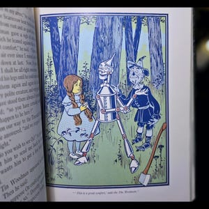 Puede incluir: Una ilustraci&oacute;n de un libro que representa personajes de El Mago de Oz. Dorothy, el Hombre de Hojalata y el Espantap&aacute;jaros est&aacute;n juntos en un entorno forestal. La imagen es en tonos azules y blancos, con el texto "This is a great comfort" en la parte inferior.