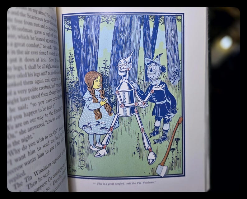 Puede incluir: Una ilustraci&oacute;n de un libro que representa personajes de El Mago de Oz. Dorothy, el Hombre de Hojalata y el Espantap&aacute;jaros est&aacute;n juntos en un entorno forestal. La imagen es en tonos azules y blancos, con el texto "This is a great comfort" en la parte inferior.
