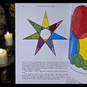 Pode incluir: Uma estrela de sete pontas com um c&iacute;rculo central, dividido em se&ccedil;&otilde;es com cores e s&iacute;mbolos diferentes. A estrela &eacute; cercada por um c&iacute;rculo com sete c&iacute;rculos conc&ecirc;ntricos, cada um de uma cor diferente. O texto "The Seven Rays of the QEL" est&aacute; impresso no topo da p&aacute;gina.